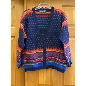 Vtg Tulchan 100% Wool Blue Multicolour Geometric Sweater Cardigan Medium Granny